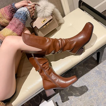 2023 nové Jeseň Ženy koleno-vysoké topánky prírodná koža 22-25 cm cowhide+bravčovej moderné topánky štvorcové prst bočné zip rytier topánky