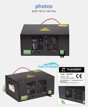 Cloudray 60W, CO2 Laser Napájanie pre CO2 Laserové Gravírovanie Rezací Stroj HY-T60 T / W Plus Series s Dlhými Záruka