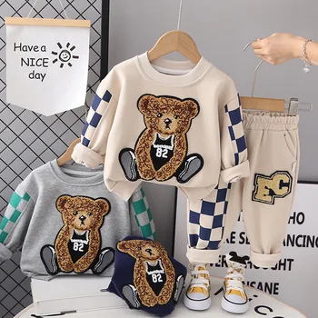 2023 Batoľa, Dieťa, Chlapec Spadajú Zimné Oblečenie Cartoon Medveď Nášivka Mikina Príležitostných Bežcov Nohavice 2 ks Oblečenia Nastaviť