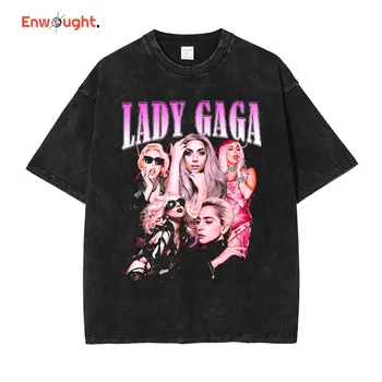 Lady Gaga T Shirt Žena Spevák Matka Monster Vintage Umyté Topy Tees Nadrozmerné T-shirt Harajuku Krátkym Rukávom, Mikiny Mužov