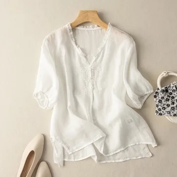Bavlnená posteľná bielizeň výšivky V-krku-krátke rukávy T-shirt dámske letné tenké voľné tričko