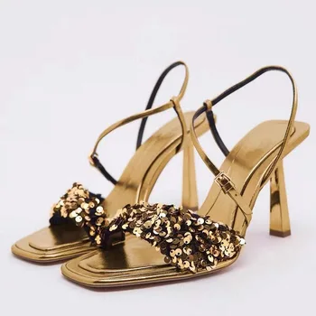 Štvorcové Prst Sandále Ženy Zlaté Bling Pracky Popruhu Topánky Na Vysokom Opätku Lete Luxusný Dizajn Pošmyknúť Na Sandalias Fashion Party Čerpadlá