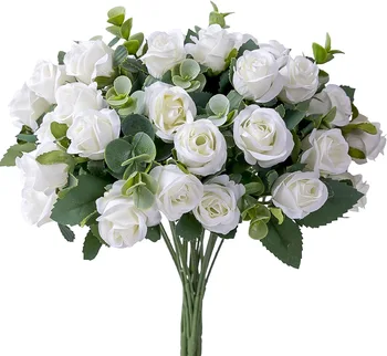 10 Hláv Umelý Kvet Hodvábnej Ruže, listy Eukalyptu Biela Pivónia Kytice Falošné Kvet na Svadobný Stôl Strana Váza Domova