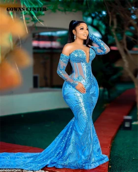 Modrá Sequined Čipky Aso Ebi Tri Štvrtiny Rukáv Elegantné Večerné Šaty Pre Ženy Luxusný Korzet Party Šaty morskej panny formálne