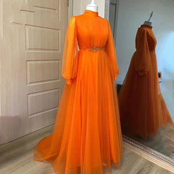 Orange Kaftane Prom Šaty, Marocký Nášivka Formálnej Strany Plášte Arabčina Dubaj Moslimských Čiaru Dlhú Tylu Ženy Večer Vestidos De