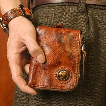 Vrchná vrstva cowhide nula peňaženky, pánske retro tlačidlo zips multi-funkčné karty taška