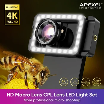 Apexel 100mm Mobile Makro Objektív 4K HD Portable Micro Objektív S LED Vyplniť Svetla Telefón Fotografie Lentes Prílohu Nahrávanie Videa