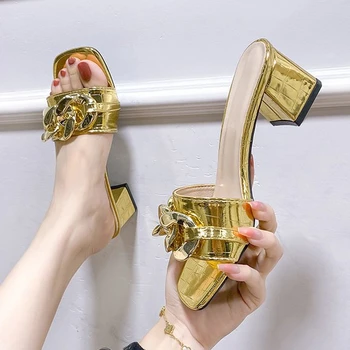 Letné Módne, Elegantné Ženy Sandále Námestie Podpätky Papuče Veľké rozmery-42 Kovové Tlačidlo Papuče Štvorcové Prst Vysoké podpätky Sandále