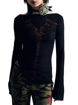 Ženy s Gotický Grafické Y2K Tee Topy s Dlhým Rukávom Bežné Harajuku Estetické Kvetinové T Košele Slim Fit, Blúzky, 90s E-Dievča Streetwear