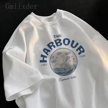 Americký Retro Krátky Rukáv T-shirt dámske 2023 Lete Unisex Nové Nadrozmerná Hong Kong Štýl List Tlač Bavlnené Tričko