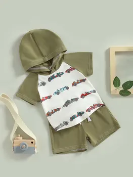 Baby Chlapci Letné Oblečenie Nastaviť Auto Tlač Krátkym Rukávom s Kapucňou Mikiny a jednofarebné Trenírky 2-Kus Oblečenie