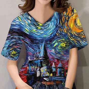 Letné dámske tričko 3D high-definition maľovanie tlač V-neck top Hviezdna Harajuku krátke rukávy módne voľné kovanie w