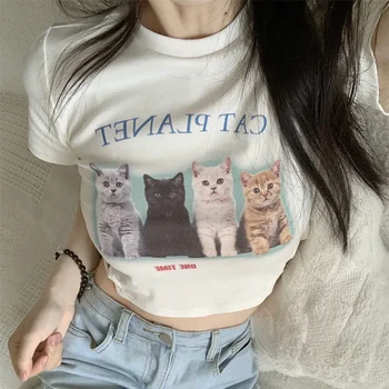 Letné Bavlna Priedušná Pohodlné Krátke T Kawaii Mačka Tlače Žien T-Shirt Japonský Štýl Mačky-Krátke Rukávy Topy Sladké Girl