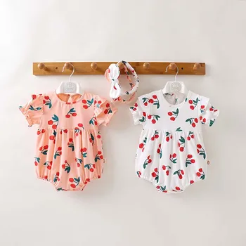 Malé Dievčatká Jar Jeseň Letné Oblečenie Cherry 2pc Oblečenie Nastaviť Bavlna Dojčenské Oblečenie s hlavovým oblúkom Spp
