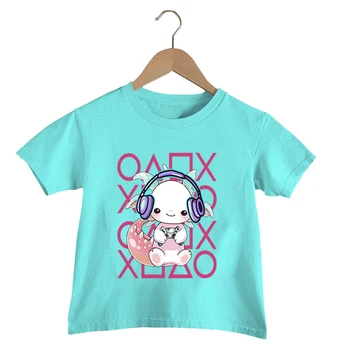 Axolotl Herné Print T Shirt Kawaii Dievčatá Tshirt Dieťa Harajuku Štýl Tričko Roztomilý Axolotl Y2k Oblečenie Letné Krátke Sleeve T-Shirt