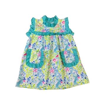 Veľkoobchod Deti Oblečenie V Lete Zelené Lily Tlač Prehrabať Vrecku Dievčatá Šaty Dieťa Bublina Remienky