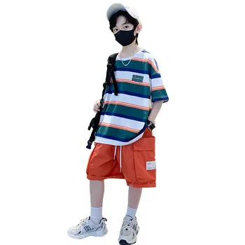 Chlapci Letné Oblečenie Sady 2023 Nové Módne Prekladané Kórejský O-Krku Krátke Šortky 2 Kusy Vyhovovali Teenager, Oblečenie Vysokej Kvality