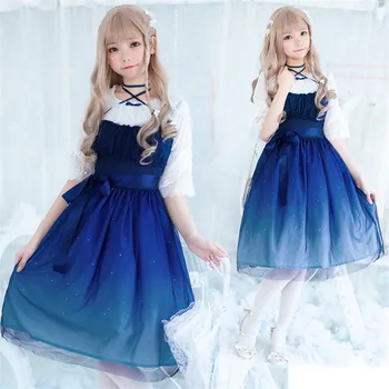 Lolita Šaty Žien Letná Party Šaty Hviezdne Nebo Gradient Modrá Čipky Podväzkové Šifón Víla Šaty Japonsko Módne Cosplay Kostým