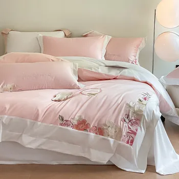 Kvetinové Výšivky Perinu Nastaviť 220x240 Kvalitné Ružové Dlho-strižné Bavlnená posteľná bielizeň Set Prikrývka Kryt Posteľ List bytový Textil